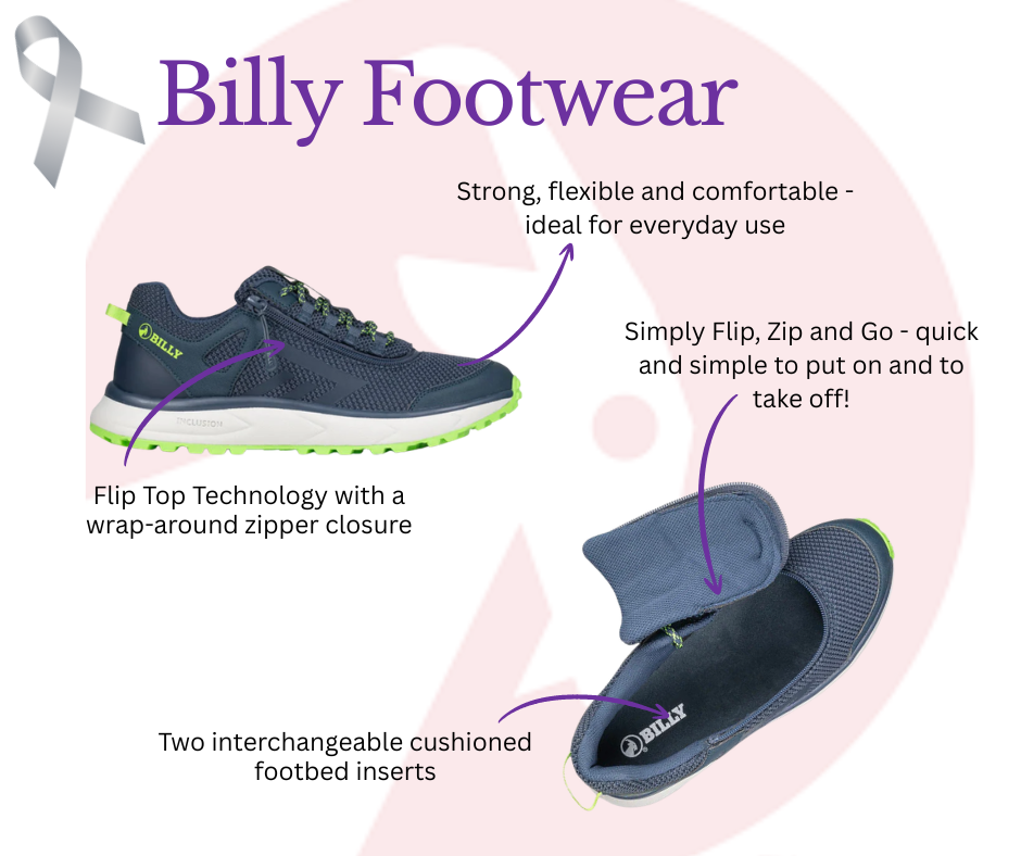 Brown Billy Footwear adaptive shoes shown with one closed and one fully open to highlight features like zipper toggle for easy access, adjustable laces, foam heel with rubber tread, and memory foam insole with width options for enhanced comfort.