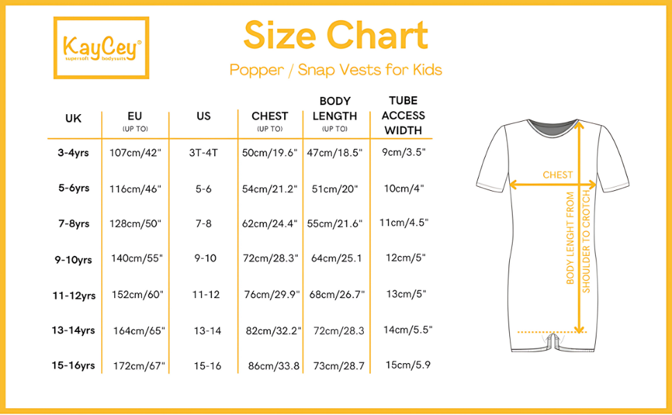  KayCey size chart for kids’ popper vests, detailing UK, EU, US sizes with chest, body length, and tube-access width measurements.