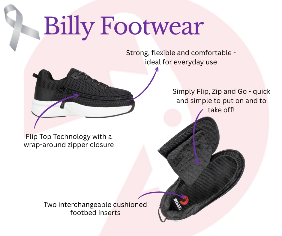 Brown Billy Footwear adaptive shoes shown with one closed and one fully open to highlight features like zipper toggle for easy access, adjustable laces, foam heel with rubber tread, and memory foam insole with width options for enhanced comfort.