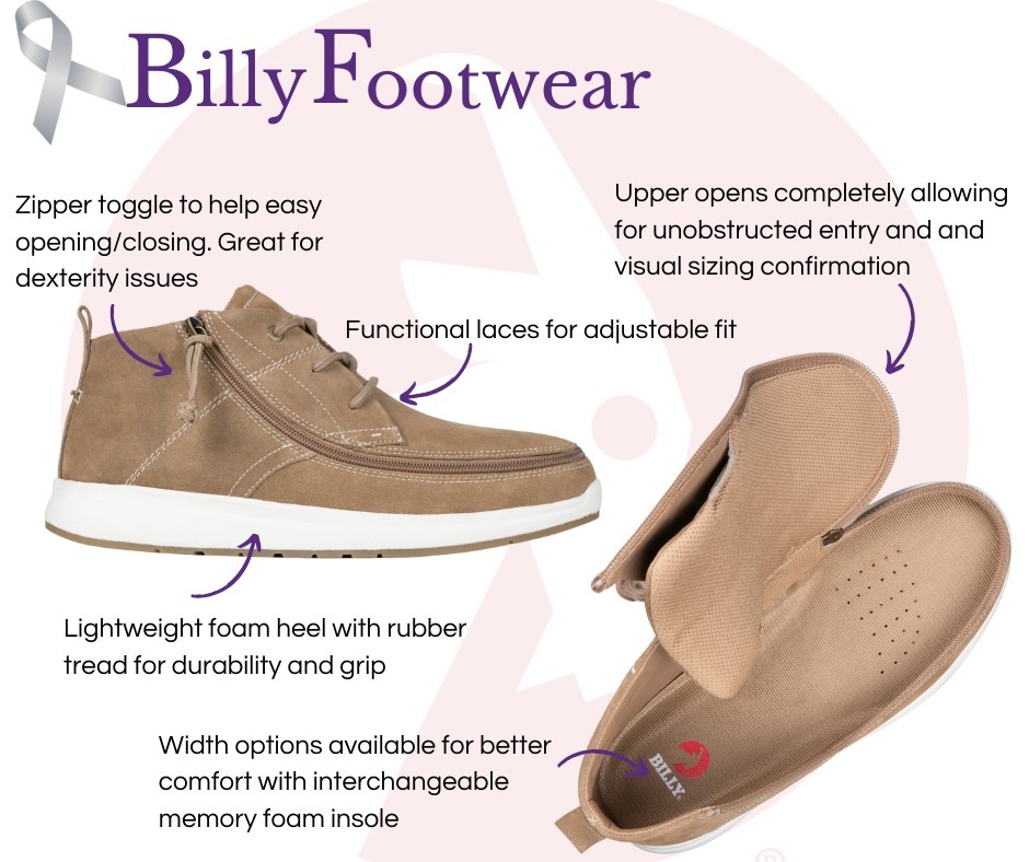 Brown Billy Footwear adaptive shoes shown with one closed and one fully open to highlight features like zipper toggle for easy access, adjustable laces, foam heel with rubber tread, and memory foam insole with width options for enhanced comfort.