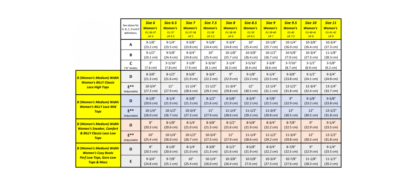 Detailed women’s shoe sizing chart showing US, UK, and EU sizes along with insole lengths and width measurements for various BILLY footwear styles including high tops, mid tops, low tops, boots, and mocs.