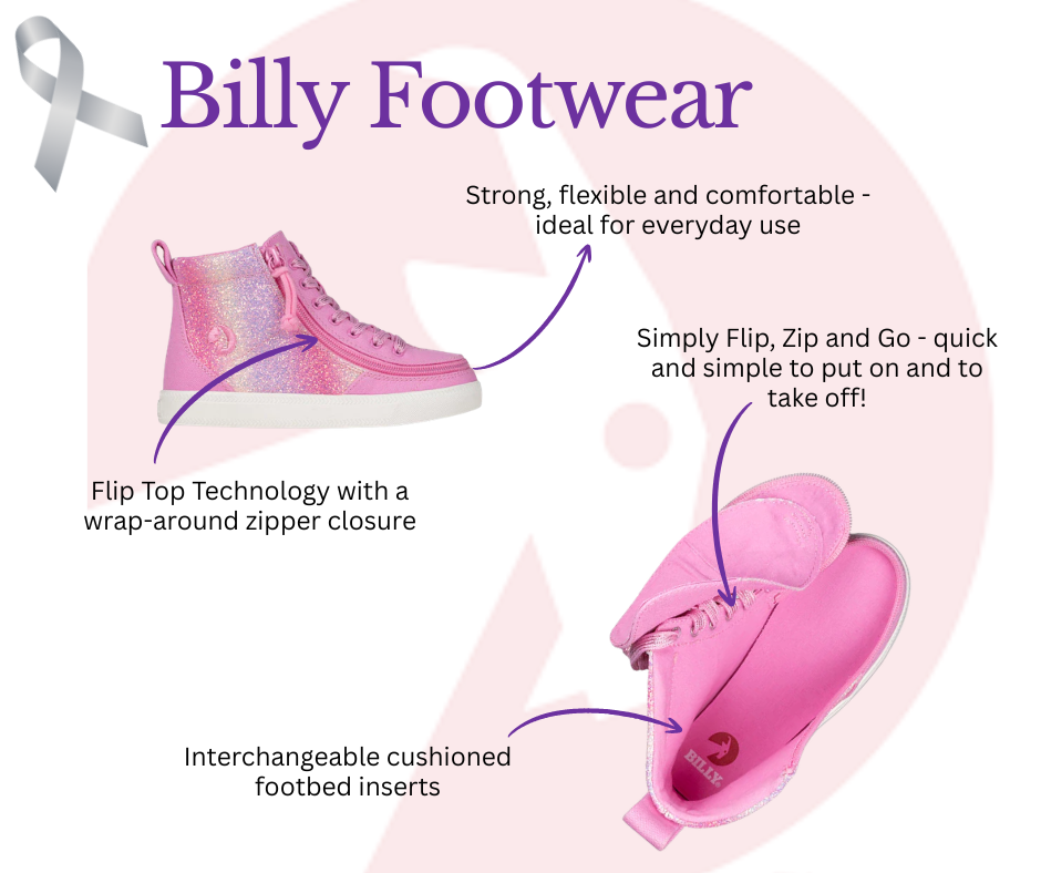 Brown Billy Footwear adaptive shoes shown with one closed and one fully open to highlight features like zipper toggle for easy access, adjustable laces, foam heel with rubber tread, and memory foam insole with width options for enhanced comfort.