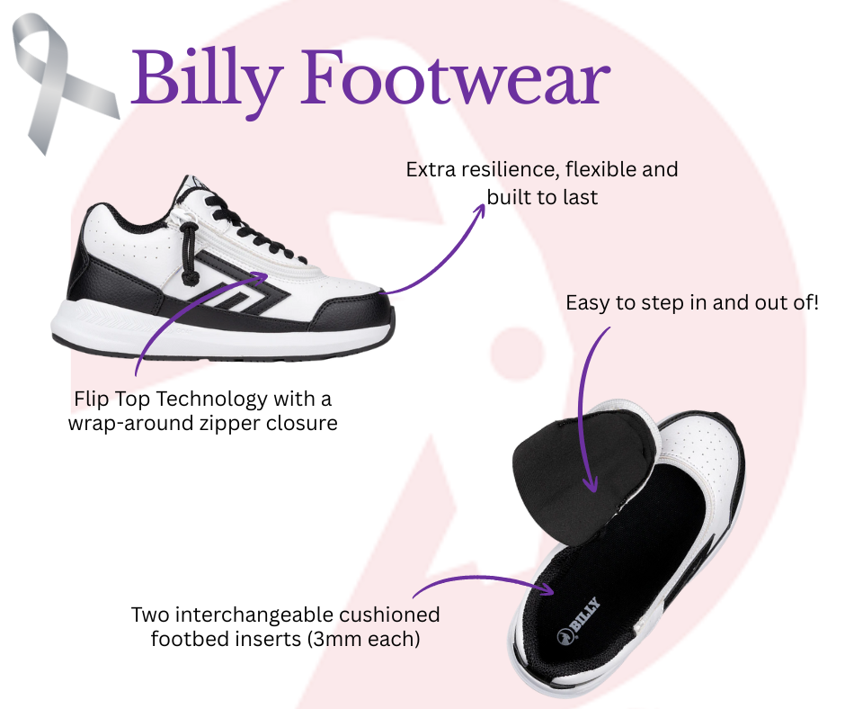 Brown Billy Footwear adaptive shoes shown with one closed and one fully open to highlight features like zipper toggle for easy access, adjustable laces, foam heel with rubber tread, and memory foam insole with width options for enhanced comfort.