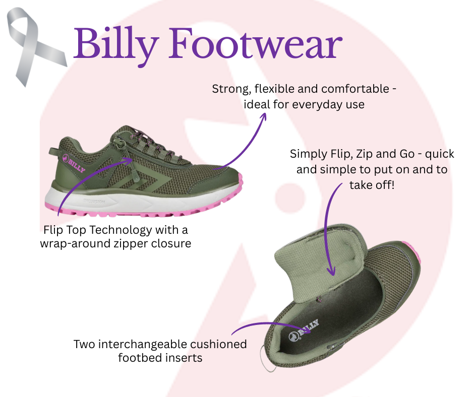 Brown Billy Footwear adaptive shoes shown with one closed and one fully open to highlight features like zipper toggle for easy access, adjustable laces, foam heel with rubber tread, and memory foam insole with width options for enhanced comfort.