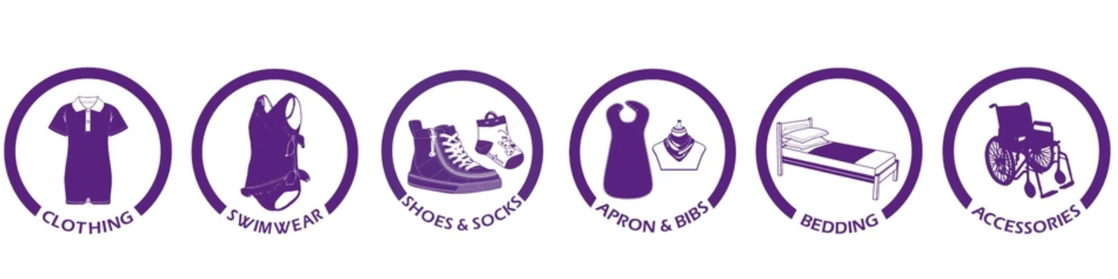 Purple category icons for clothing, swimwear, shoes and socks, aprons and bibs, bedding, and mobility accessories.