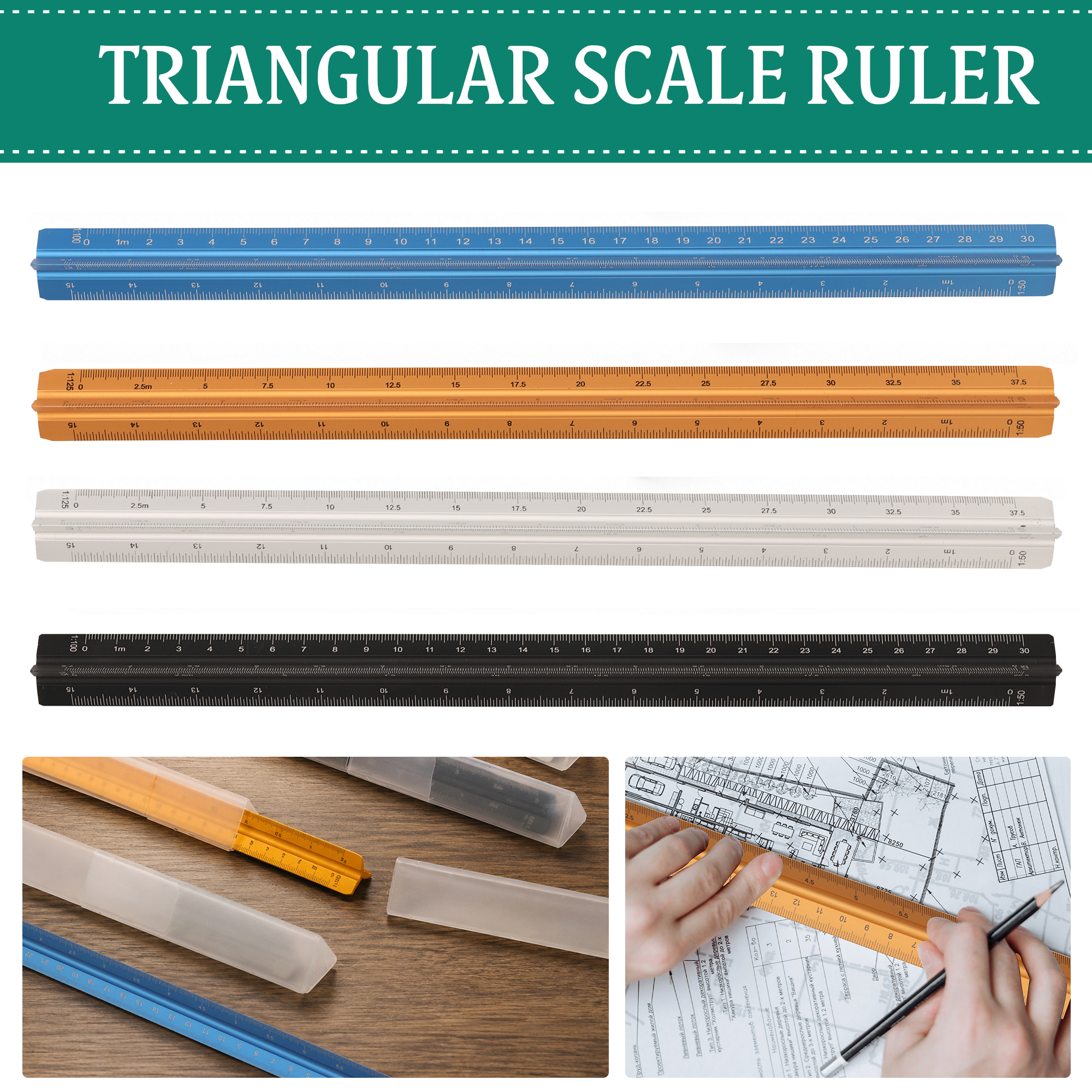 Aluminium Triangular Architect Scale Ruler 300mm 12in Metal Engineers Rule