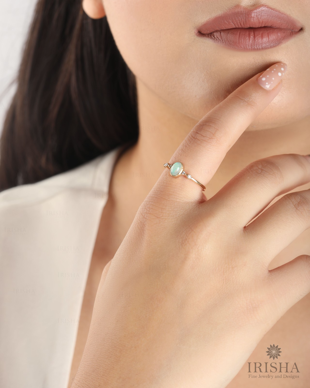 14K Gold Diamond White Opal Anniversary Gift Ring- Available in Turquoise, Pearl