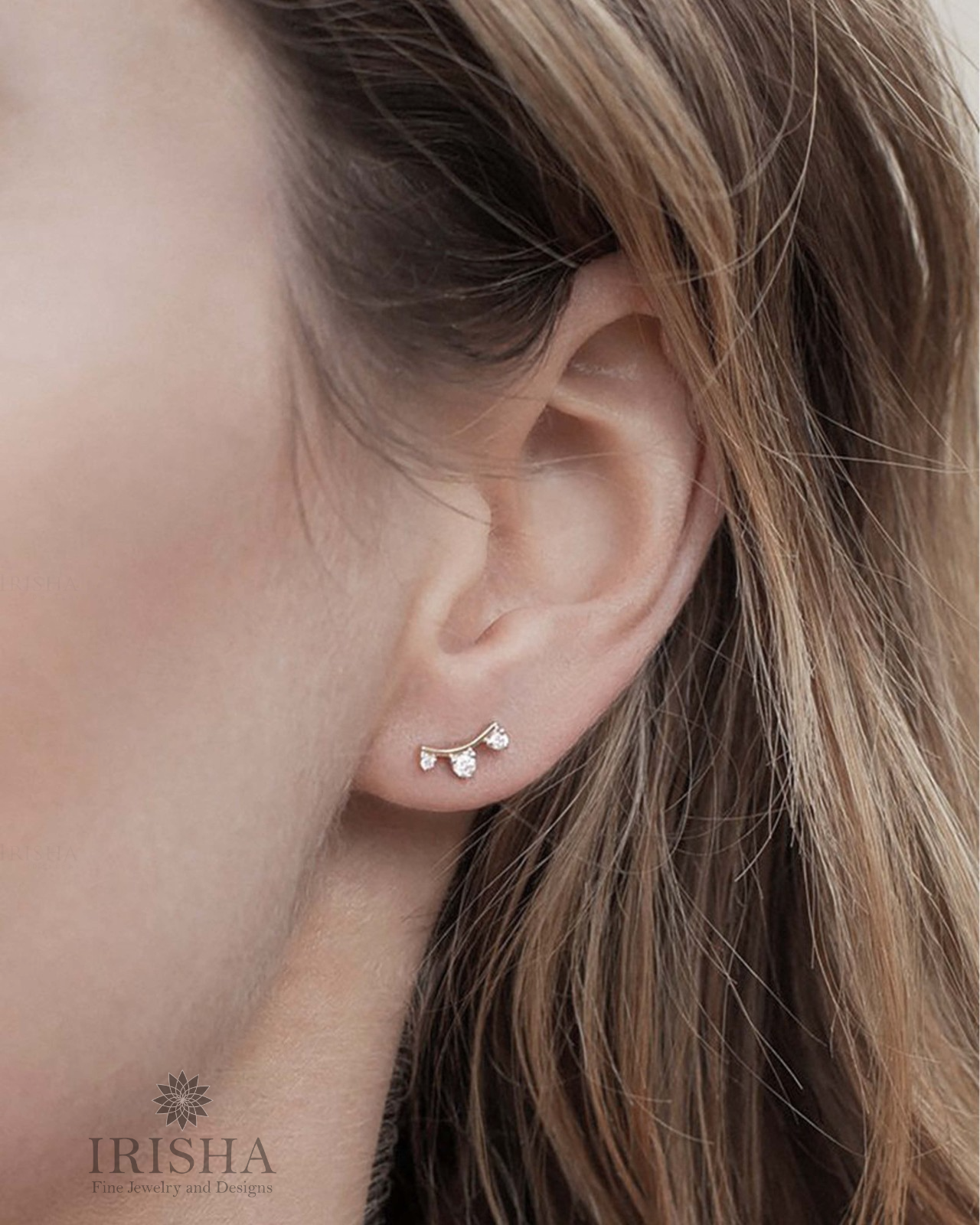 14K Gold Diamond Ear Climber Earrings | Elegant Curved Studs for All-Day Wear