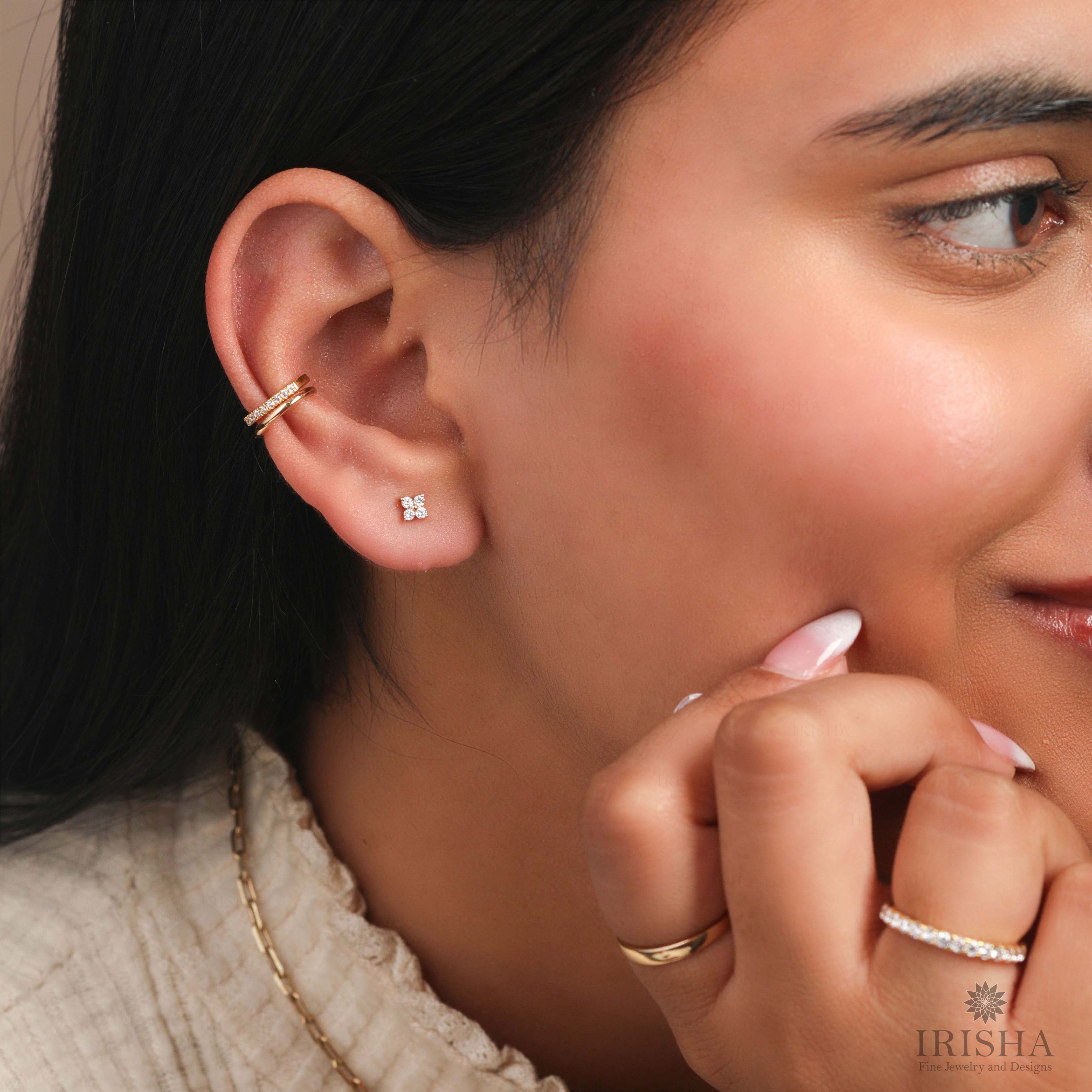 14K Gold Floral Stud Earrings with Natural Diamond, Pink & Blue Sapphire - Picture 1 of 8