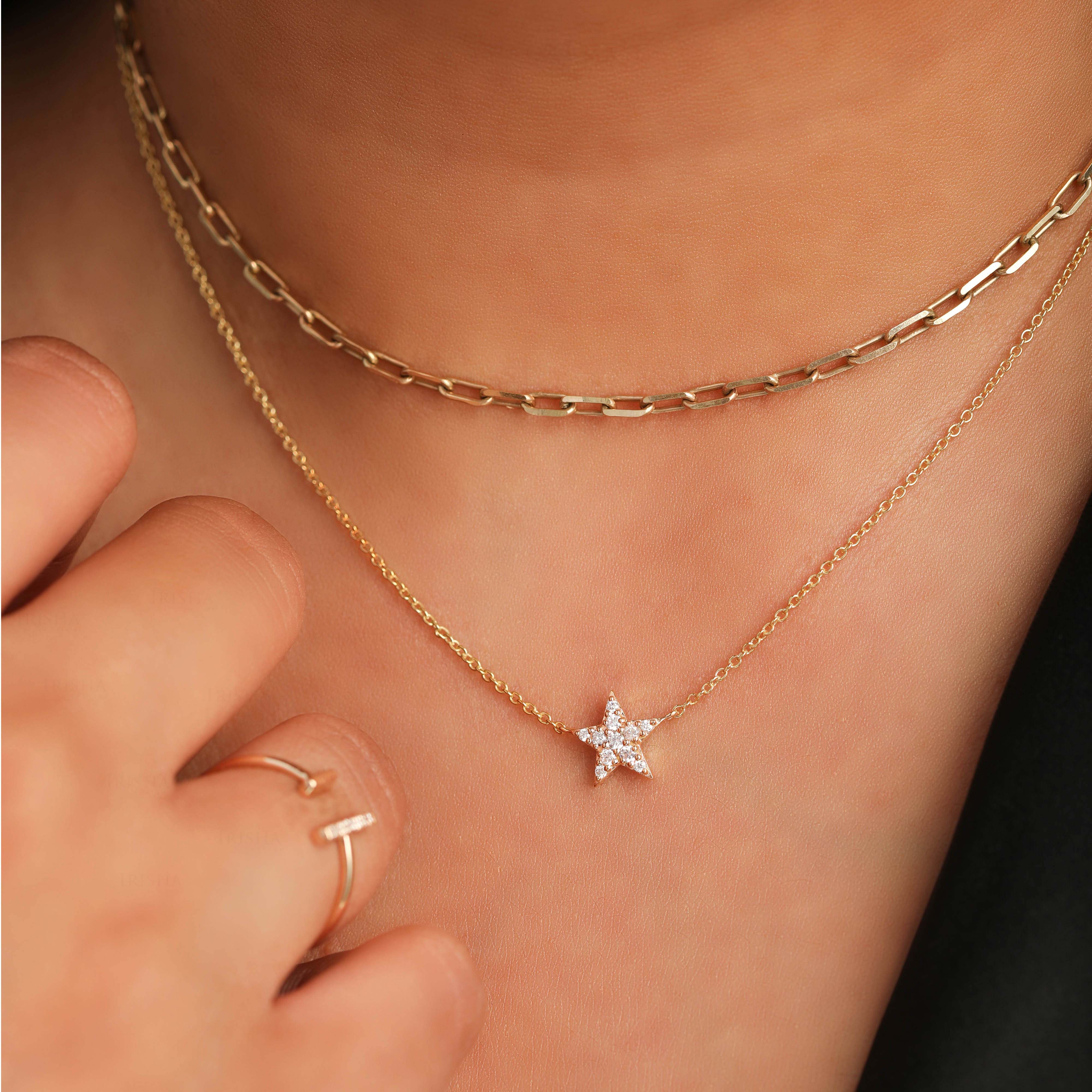14K Gold Star Choker Necklace with Diamond, Ruby, Emerald Options, Gift Idea