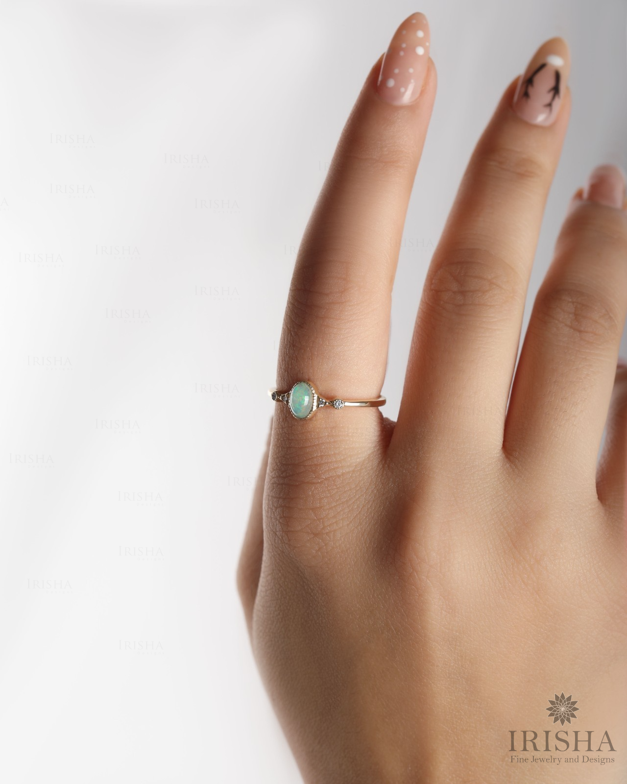 14K Gold Diamond White Opal Anniversary Gift Ring- Available in Turquoise, Pearl