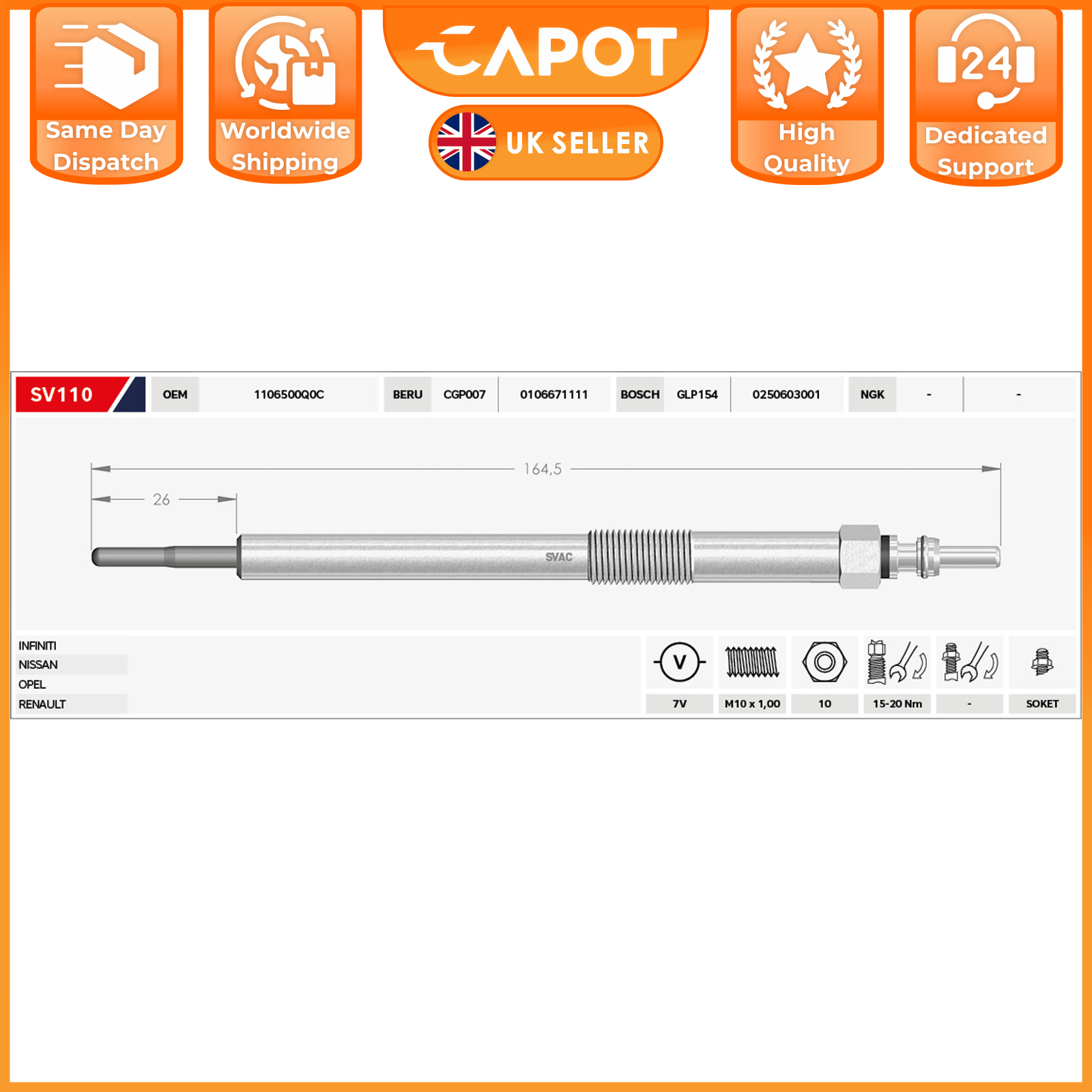For Nissan Cabstar Interstar Murano II dCi 1106500Q0C 4X Heater Glow Plugs