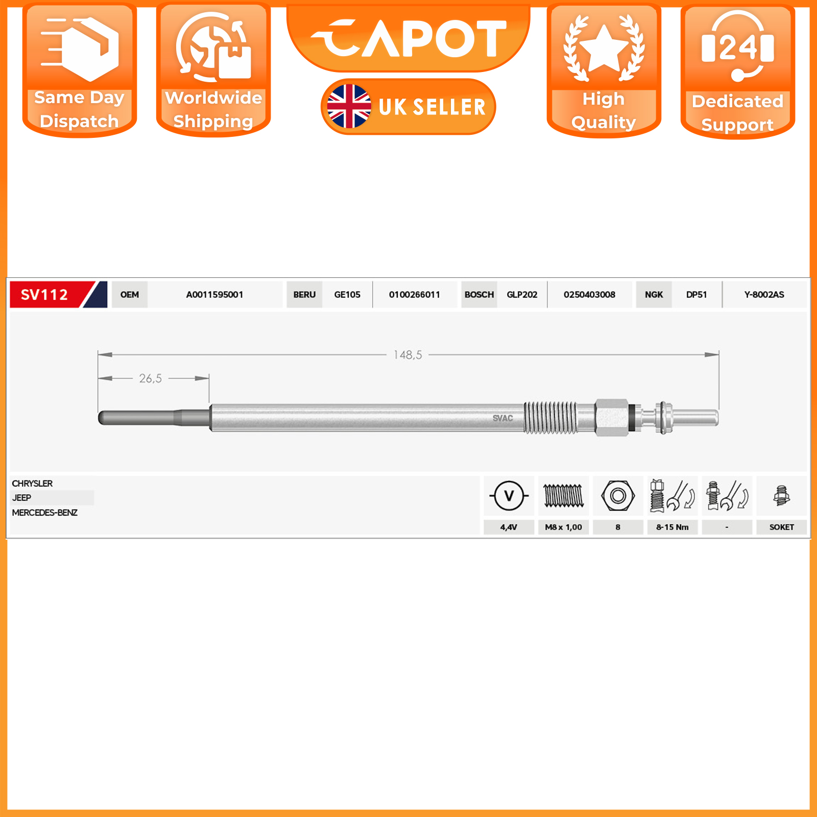 A0011595001  6X Glow Plugs 0011595001 5175756AA A0011597101 68102087AA 71775530