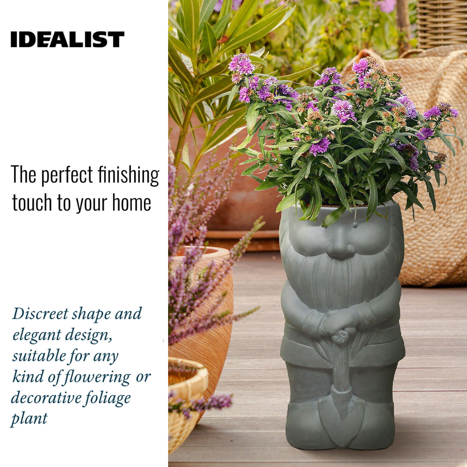 IDEALIST Maceta de Jardín Gnomo Gris Exterior Maceta con Agujero de Drenaje - Imagen 9 de 24