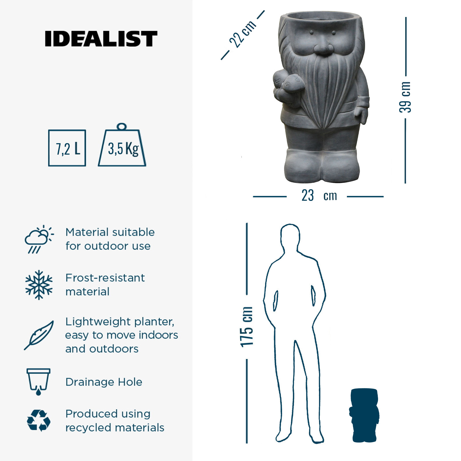 IDEALIST Maceta de Jardín Gnomo Gris Exterior Maceta con Agujero de Drenaje - Imagen 19 de 24