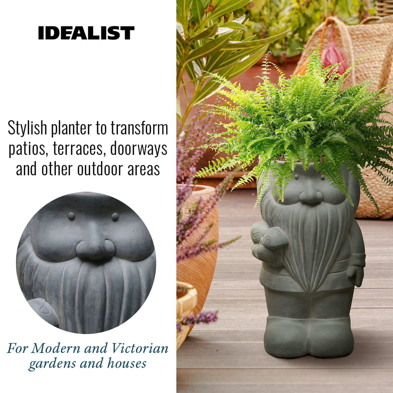 IDEALIST Maceta de Jardín Gnomo Gris Exterior Maceta con Agujero de Drenaje - Imagen 21 de 24