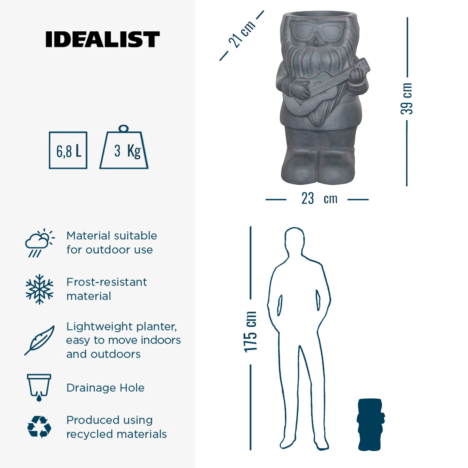 IDEALIST Maceta de Jardín Gnomo Gris Exterior Maceta con Agujero de Drenaje - Imagen 13 de 24