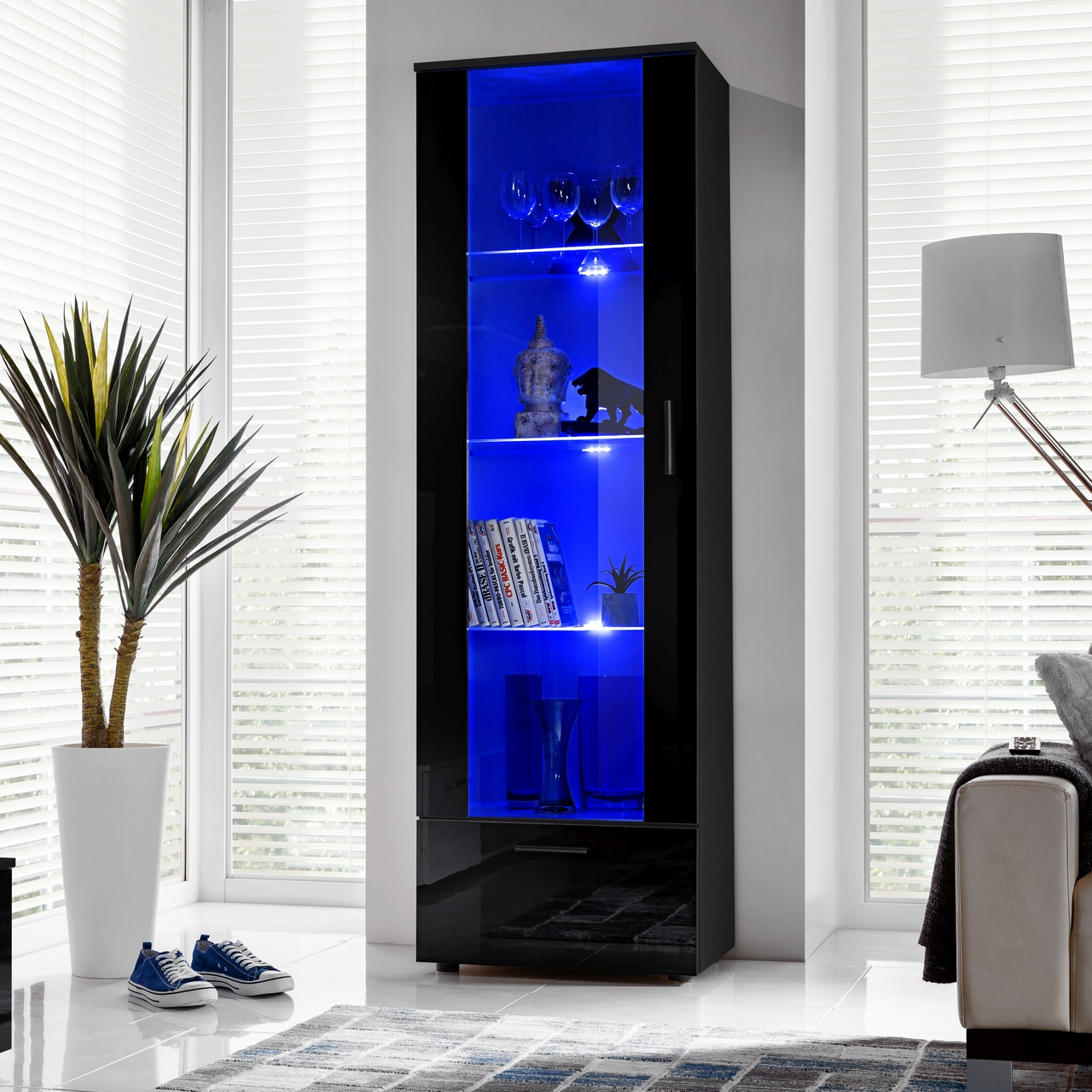 NEU komodee Alessandria Vitrineschrank Eiche Weiß Schwarz Glas LED Regal