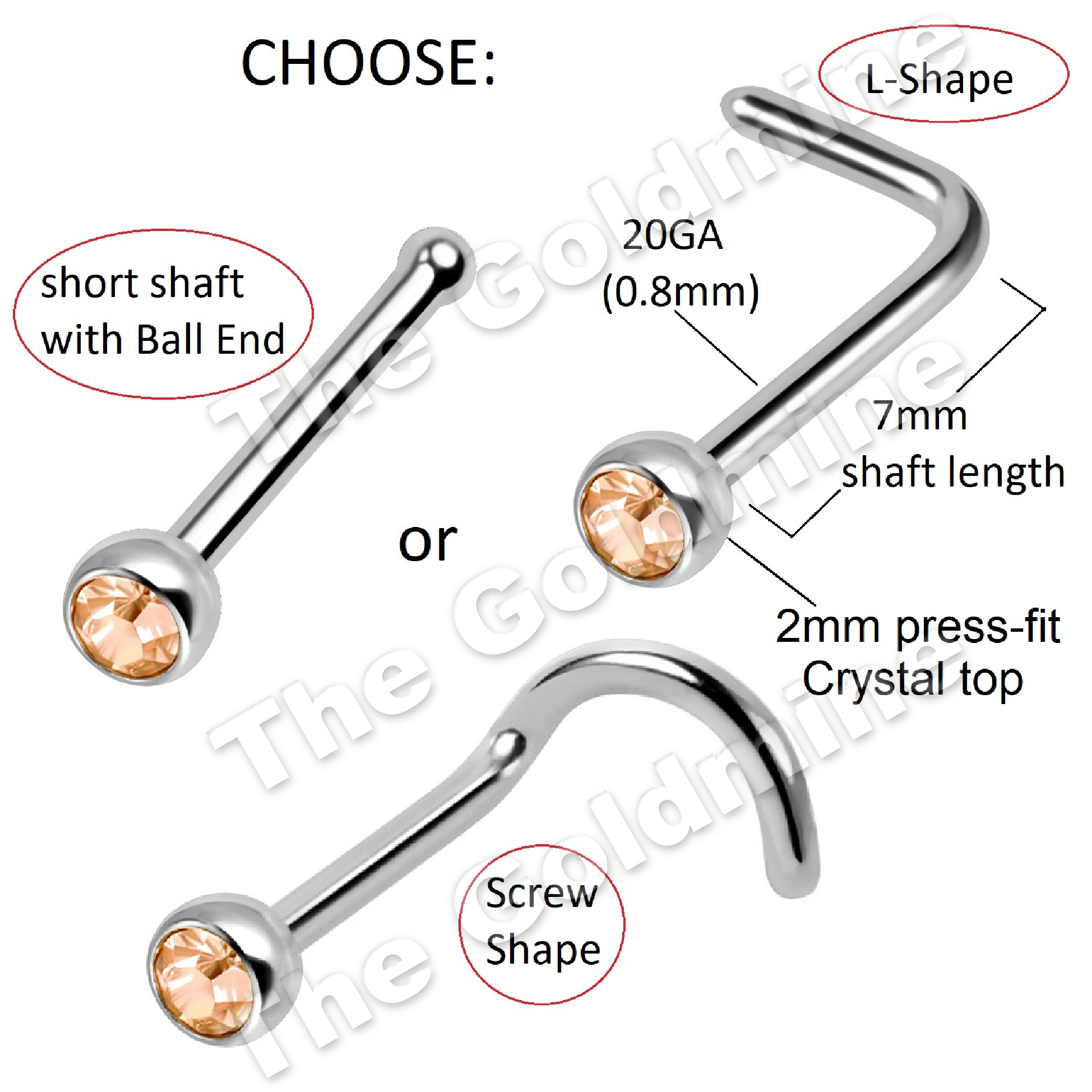 Stainless Steel Nose Studs * choose from 19 different Colours * choose Pin Shape