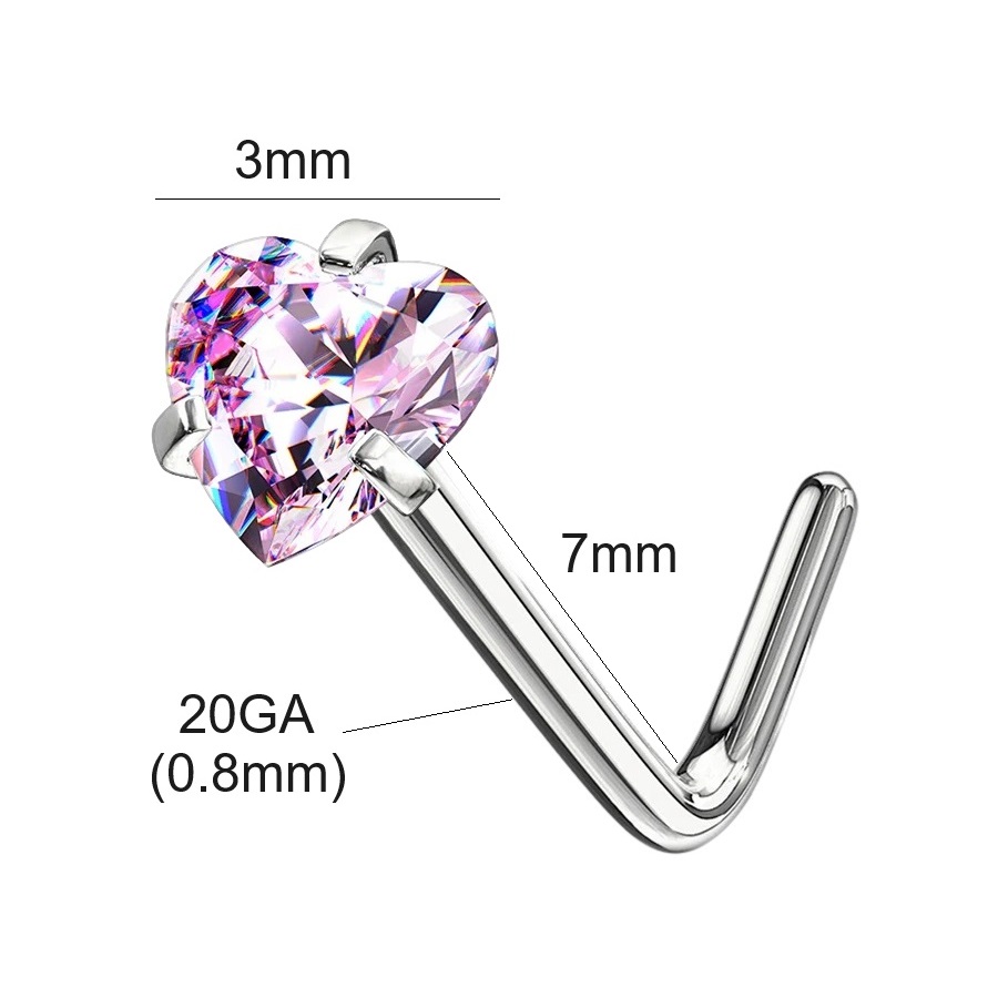 3mm Light Pink Colour Claw Set Heart CZ Nose Stud * Stainless Steel L-Shape Pin - Picture 1 of 2