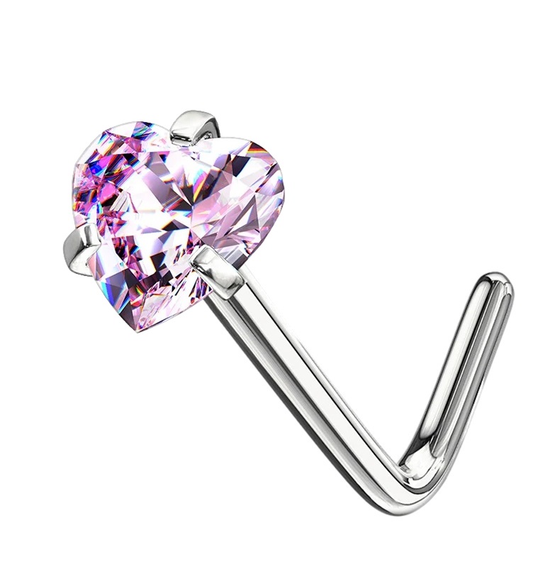 3mm Light Pink Colour Claw Set Heart CZ Nose Stud * Stainless Steel L-Shape Pin - Picture 2 of 2