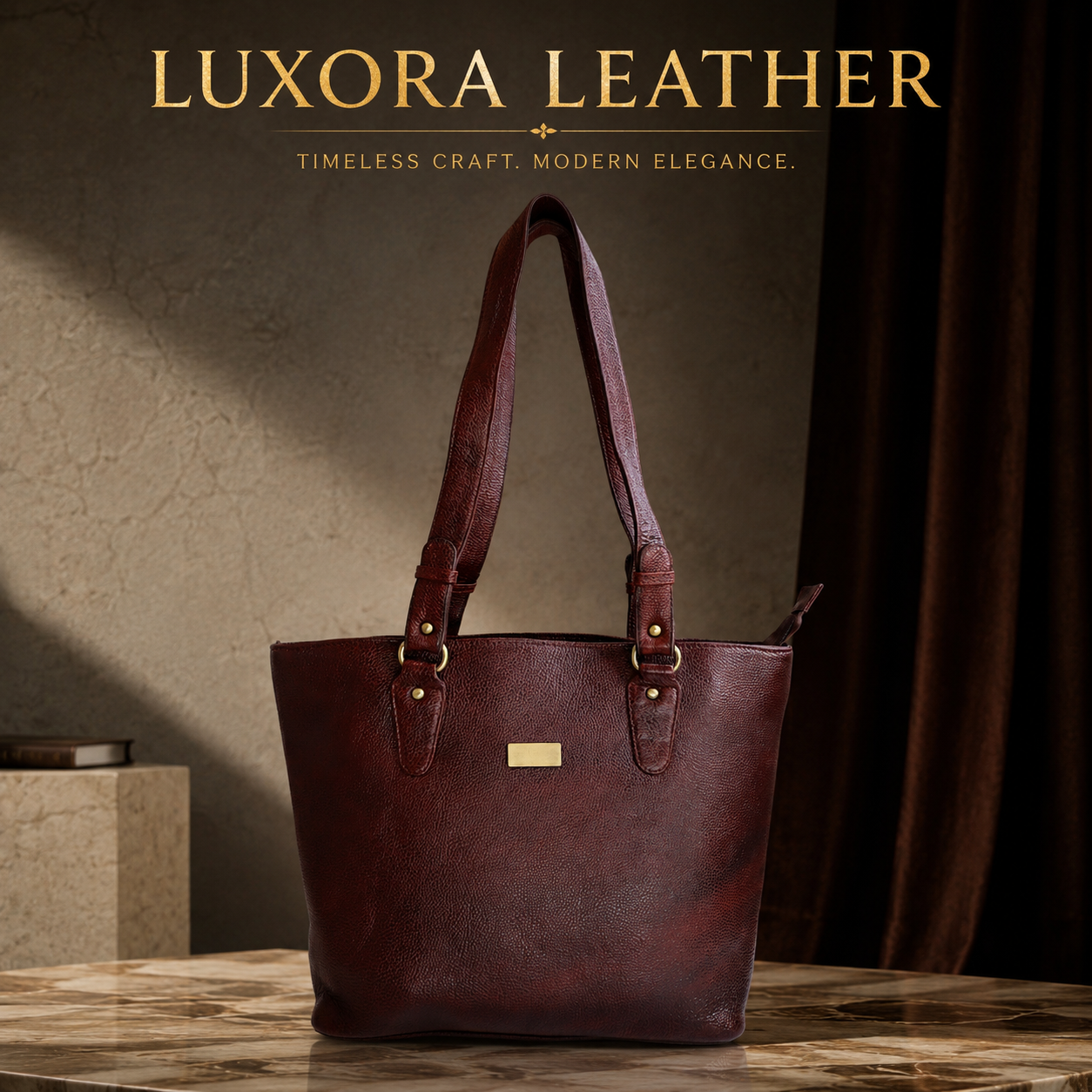Brown genuine leather tote bag for women