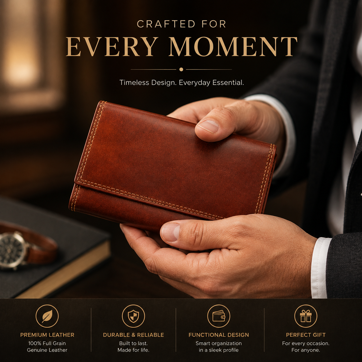 Brown full grain leather long wallet
