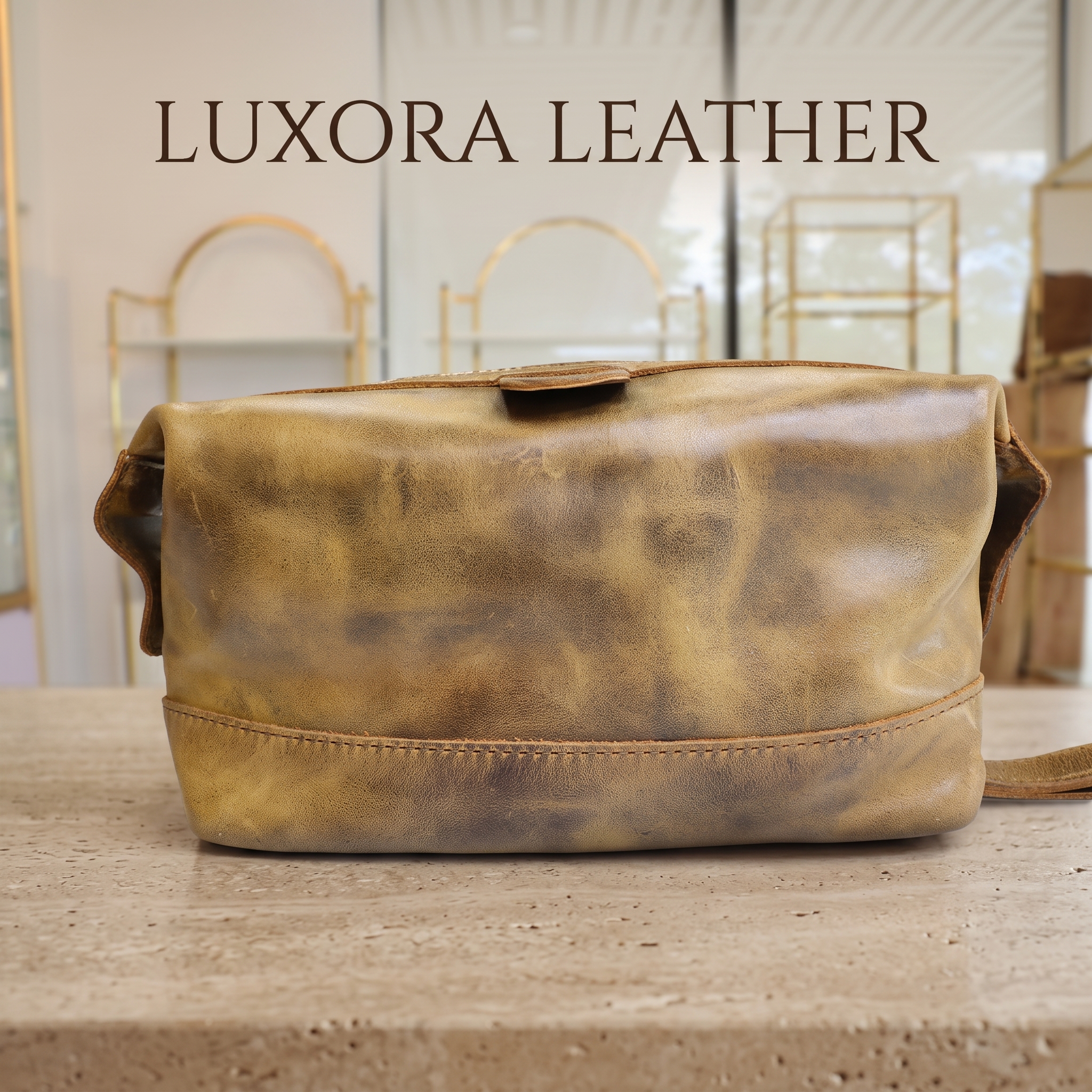 Distressed brown genuine leather travel Dopp kit