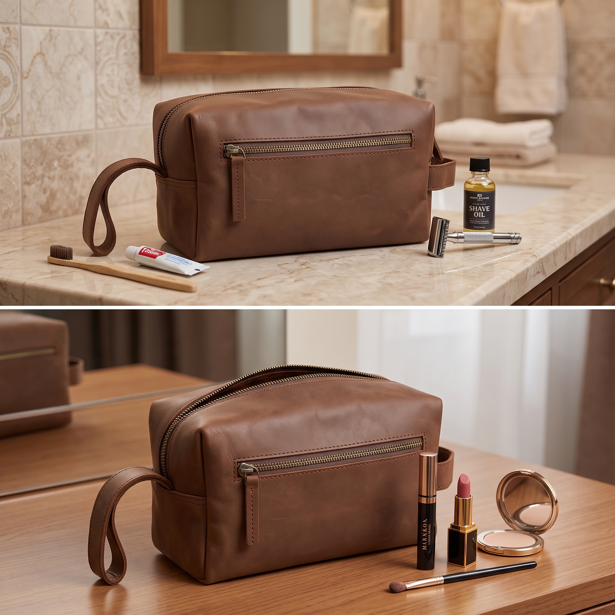 Brown leather travel Dopp kit