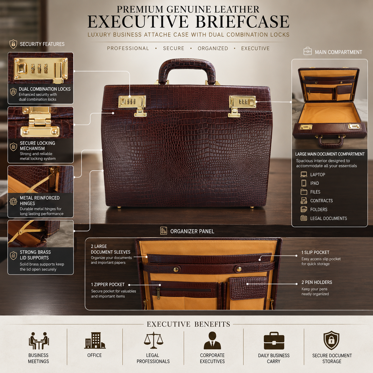 Genuine leather executive briefcase detail 4