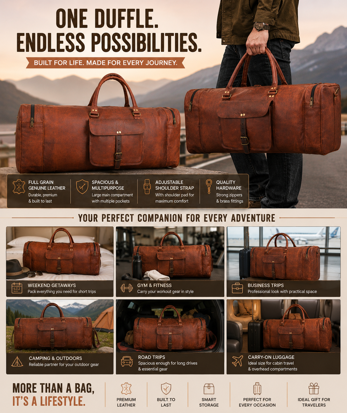 Leather duffel bag details