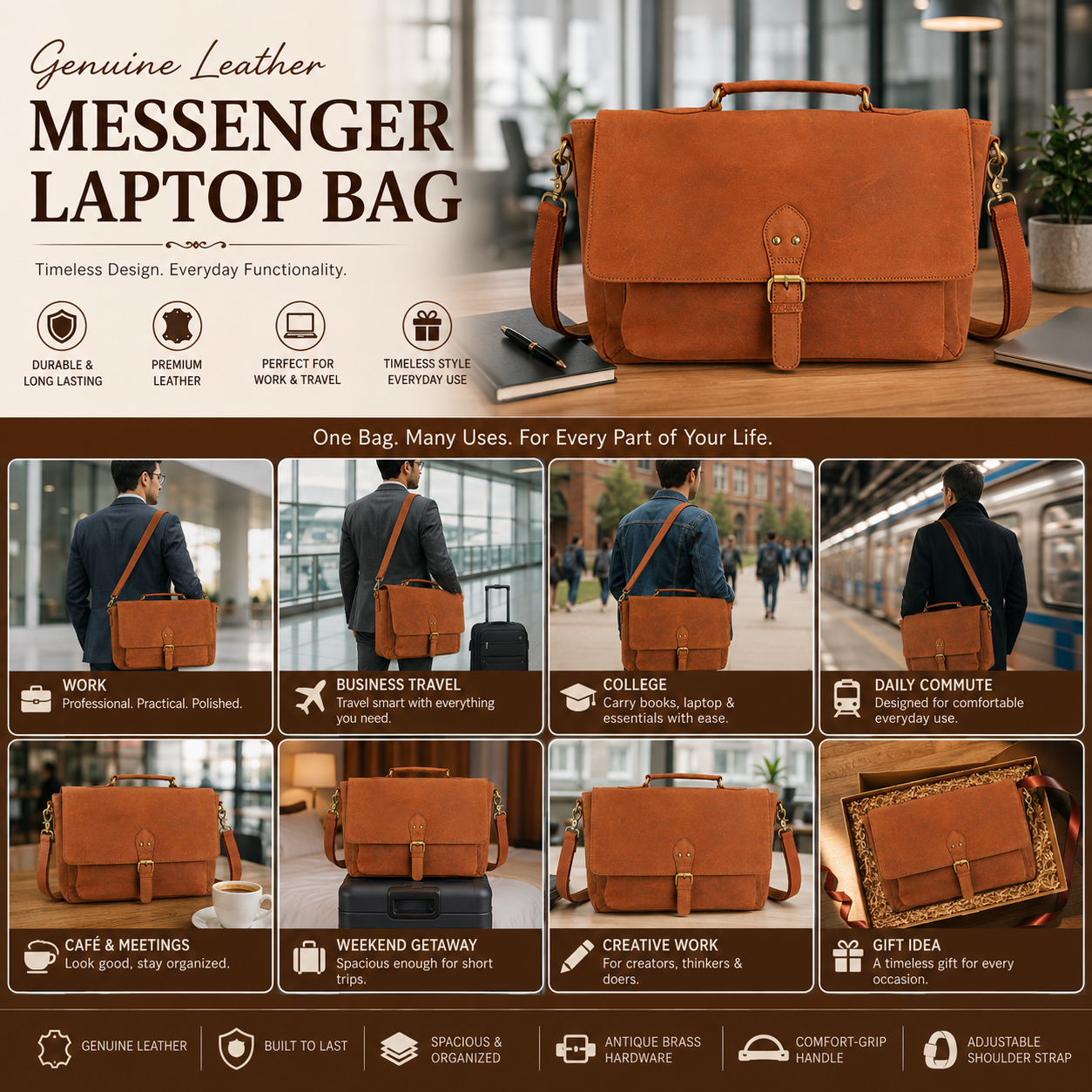 Leather messenger bag details