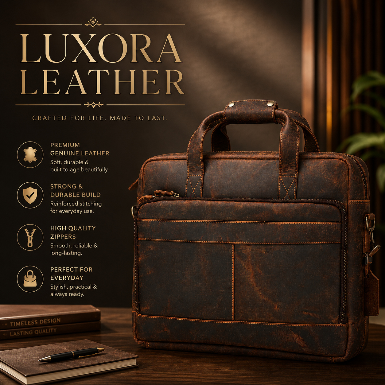Full grain genuine leather laptop messenger bag
