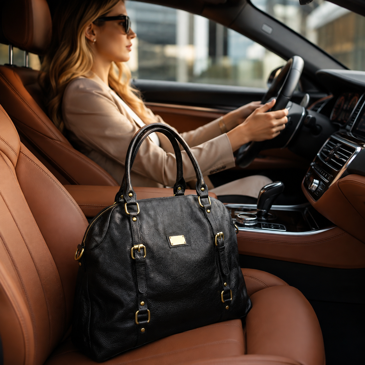 Black genuine leather satchel handbag