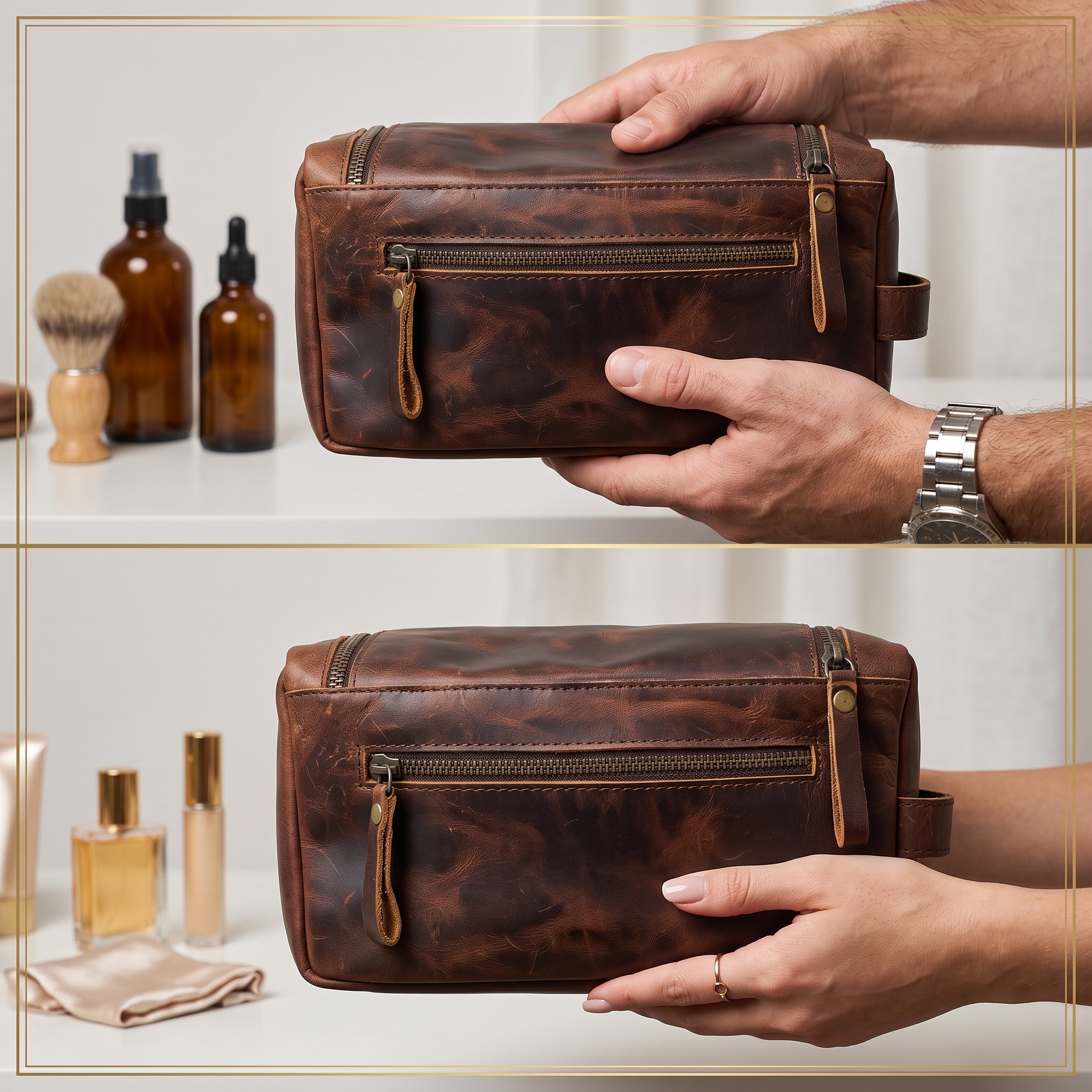 Leather makeup and travel toiletry organizer