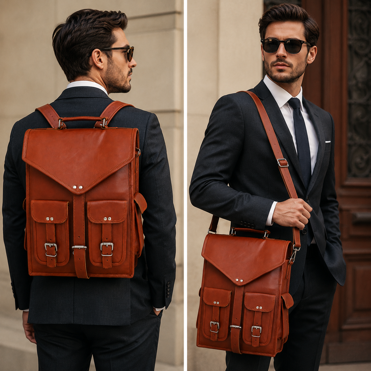 Vintage genuine leather convertible laptop backpack