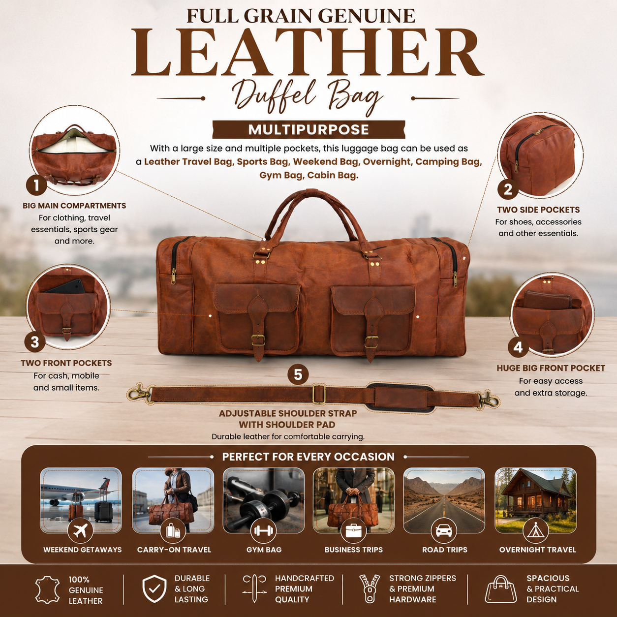 XXL leather duffle bag details