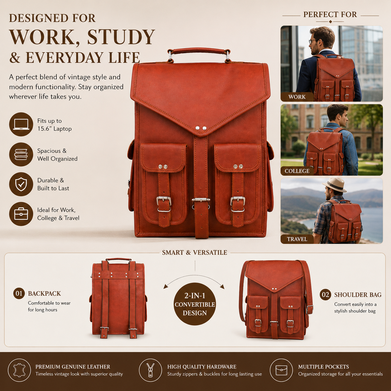 Convertible leather backpack details