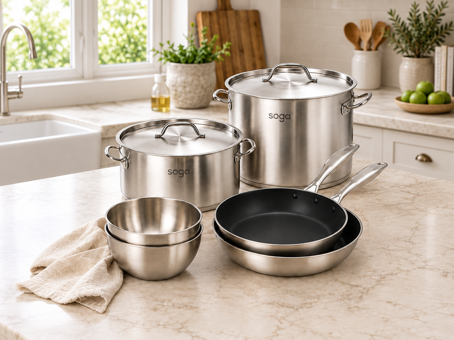 SOGA stainless steel cookware range in a styled kitchen